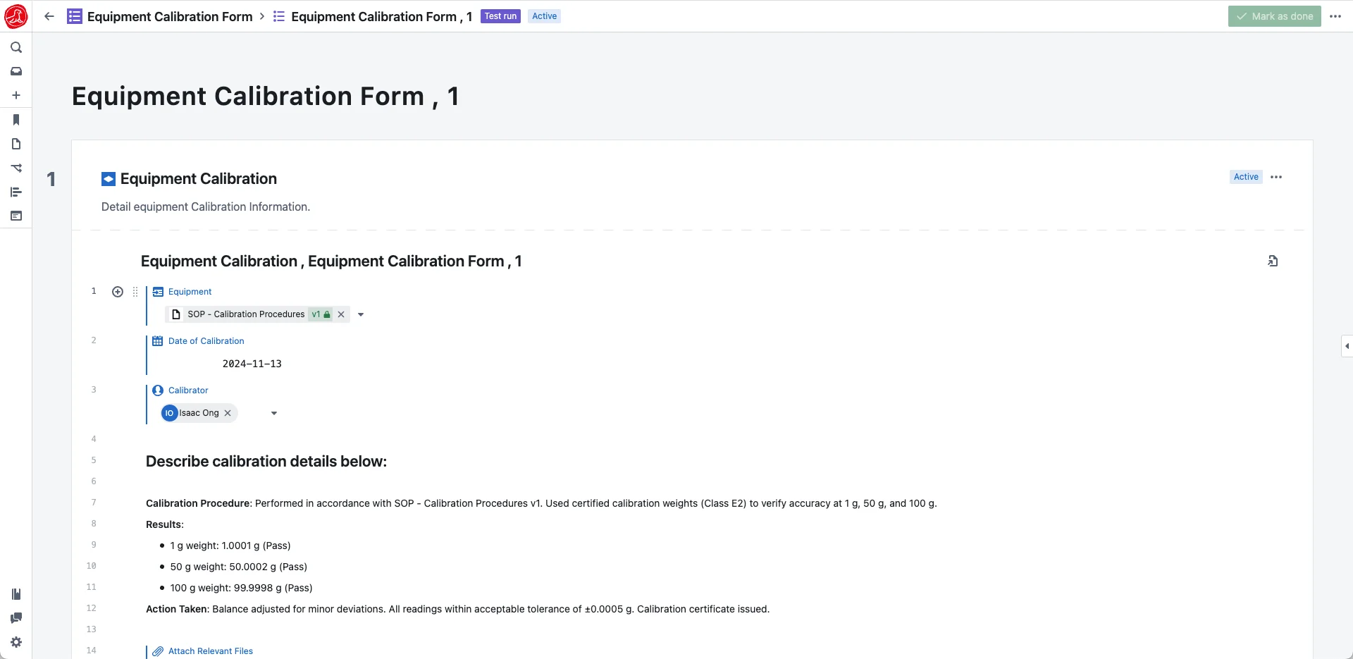 Equipment Calibration Form